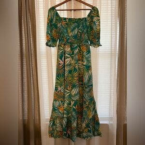 Betsey Johnson M Tropical Leaf Print Smocked Ruffled Maxi Dress Boho Vacation